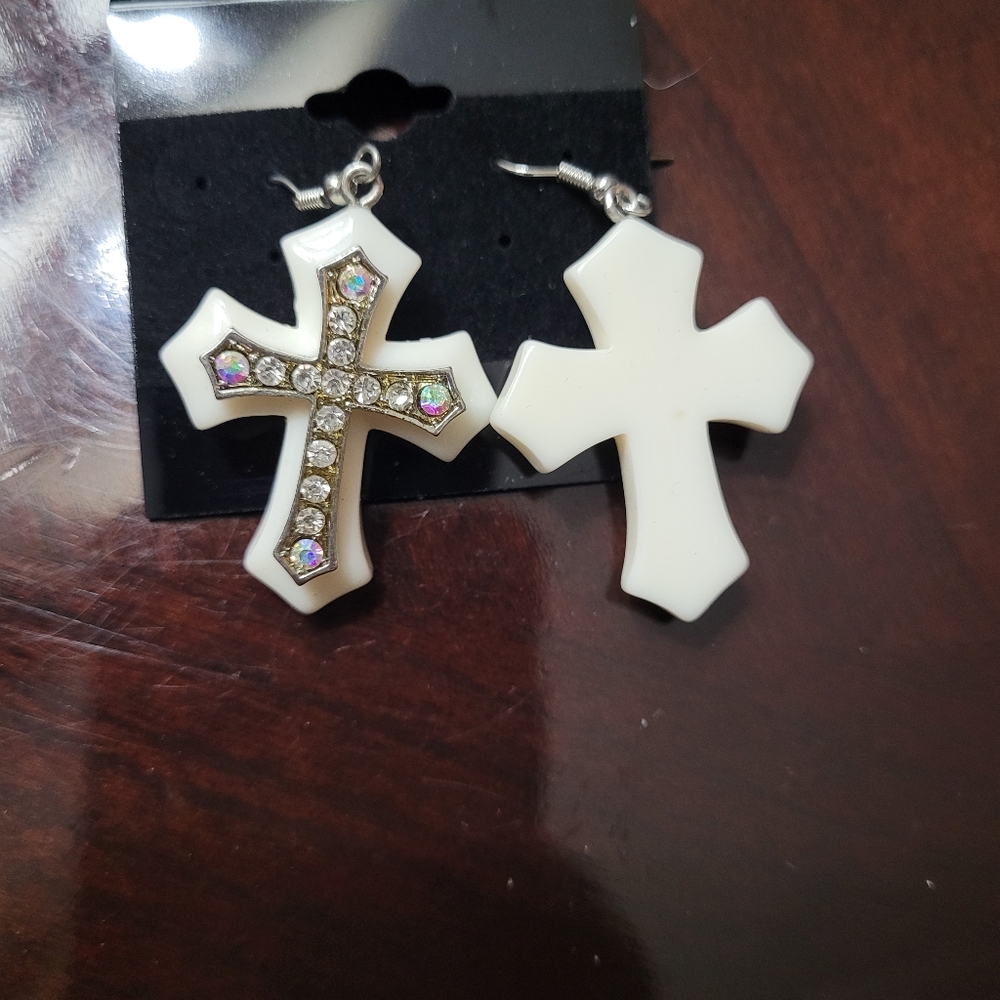 Rhinestone Acrylic White Cross Earrings - Picture 2 of 2
